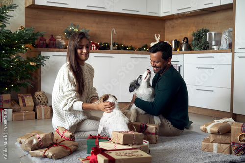 Photography Multi ethnicity couple spending time with dogs at Christmas