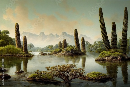 Prehistoric landscape of flora and fauna from jurassic era photo