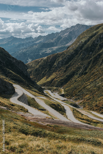 Winding roads at Gotthard Pass on sunny day