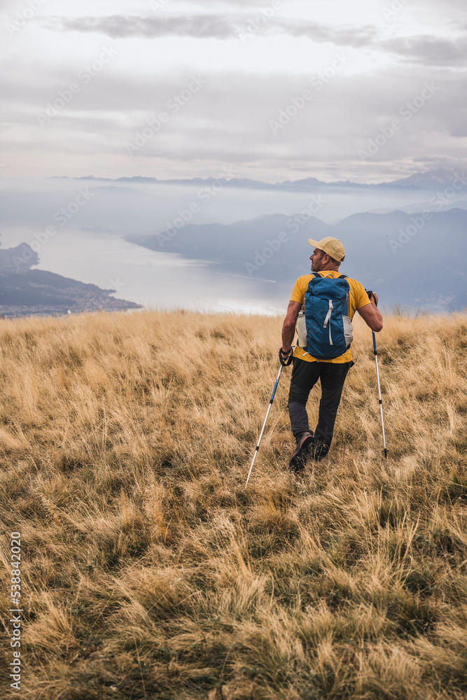 Man wearing cap walking on grass with hiking poles Man wearing cap walking on grass with hiking poles