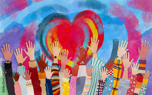 Group of diverse people with arms and hands raised towards a hand painted heart. Charity donation and volunteer work. Support and assistance. Multicultural and multiethnic community. People diversity photo