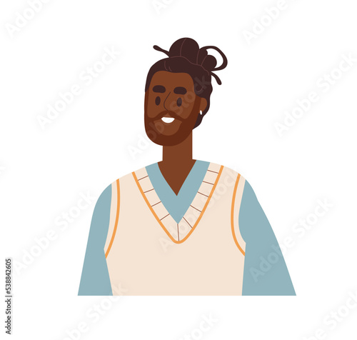 Young black man portrait. Happy smiling African-American guy with friendly positive face expression, emotion. Modern trendy male character. Flat vector illustration isolated on white background