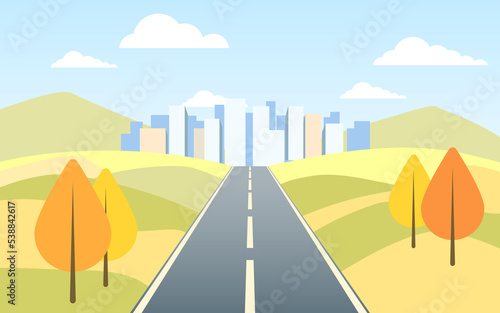Cityscape with road  trees  mountains and sky illustration. Main street in the city. Urban landscape concept with natural autumn background. Cityscape with road and hills