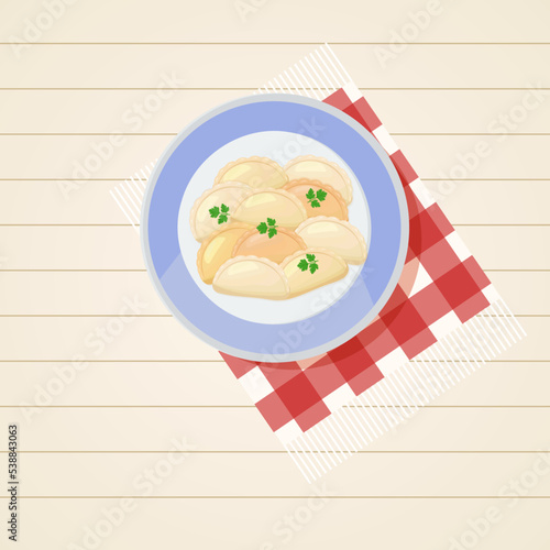 Dumplings in a golubuy tarekle on a white wooden table top view