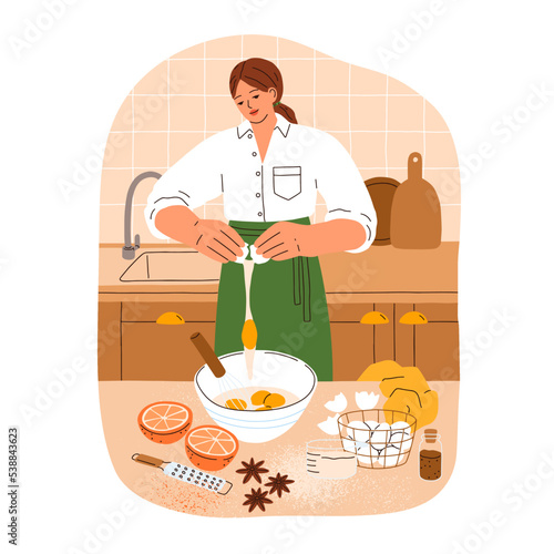 Woman cooking bakery at home kitchen. Girl making homemade cookie, preparing food, mixing eggs and flour ingredients in bowl at table. Flat graphic vector illustration isolated on white background