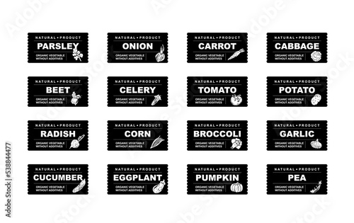 Vegetables, greenery and legumes abstract stickers and labels. Different color packaging for food preparing and culinary. Bags with fruit. parsley, onion, carrot, cabbage organic product for selling v