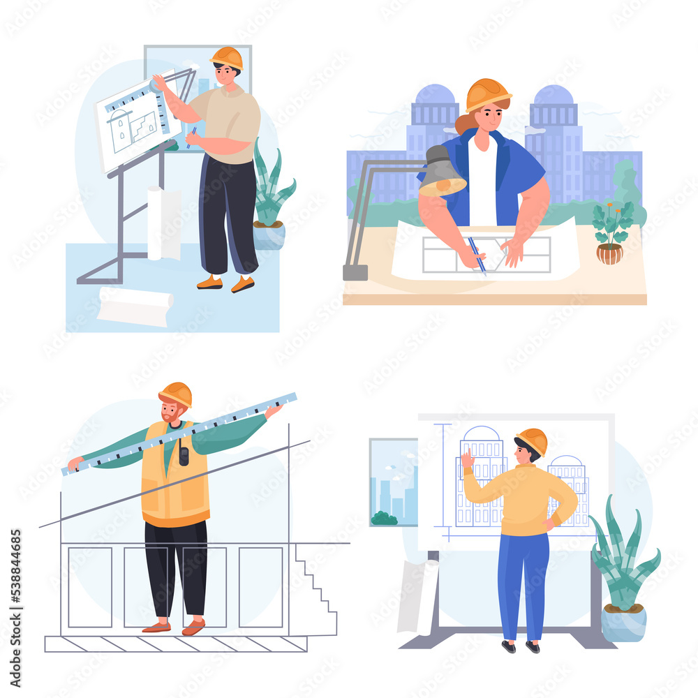 Architects profession concept scenes set. Architect draws blueprints, works on building project, makes measurements. Collection of people activities. Illustration of characters in flat design Architects profession concept scenes set. Architect draws blueprints, works on building project, makes measurements. Collection of people activities. Illustration of characters in flat design