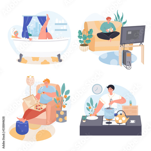 People spend weekend at home concept scenes set. Man playing game, eating pizza, cooking at kitchen, woman bathing. Collection of people activities. Illustration of characters in flat design photo