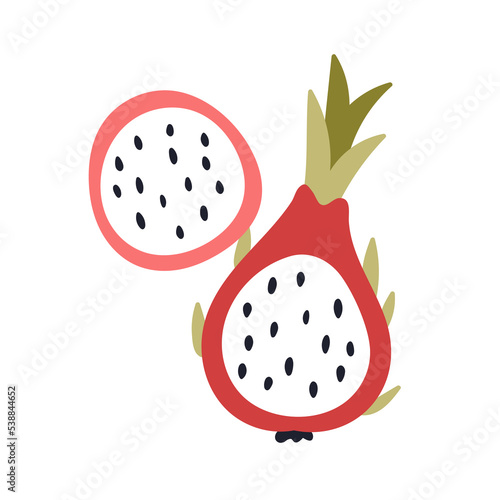Pitaya half. Cut pitahaya with black seeds. Exotic dragon fruit cross section. Tropical vitamin food. Fresh ripe eating with white flesh. Flat vector illustration isolated on background