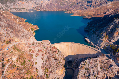 Dam Oymapinar mountain lake water reservoir aerial top view. Green Canyon Turkey, Manavgat photo