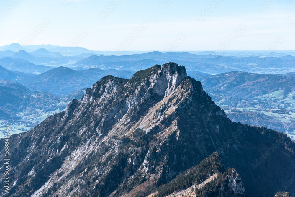 aerial photography of summit of mount Traunstein in Upper Austria