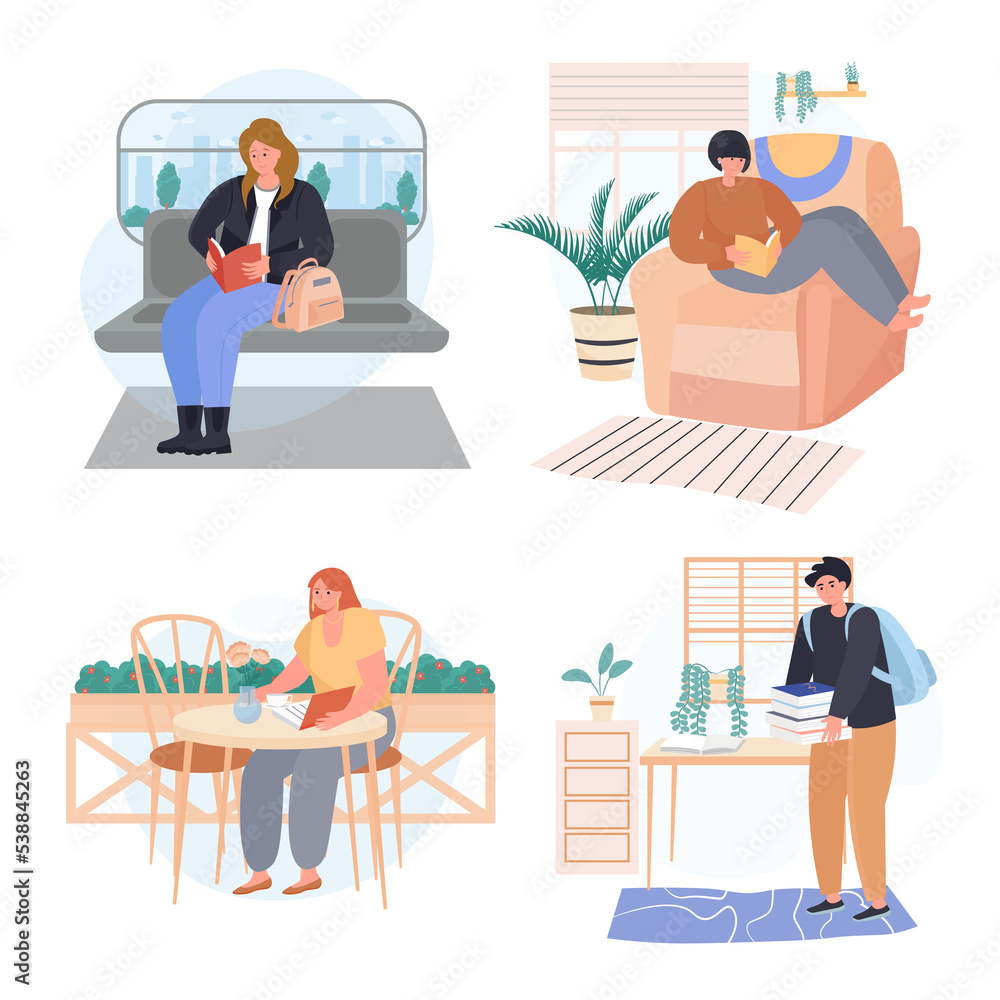 People lovers of literature with books concept scenes set. Women read in transport, cafe, at home. Student in library. Collection of human activities. Illustration of characters in flat design