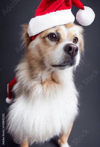 Christmas portrait of a dog with a red hat, studio background and 3d illustration