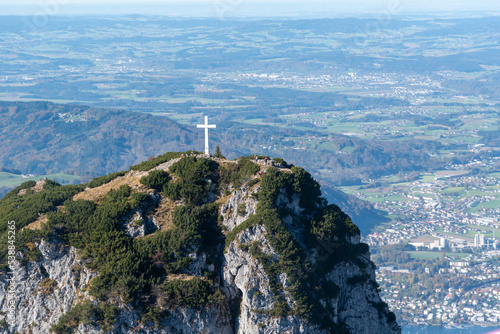 aerial photography of summit cross of mount Traunstein in Upper Austria
