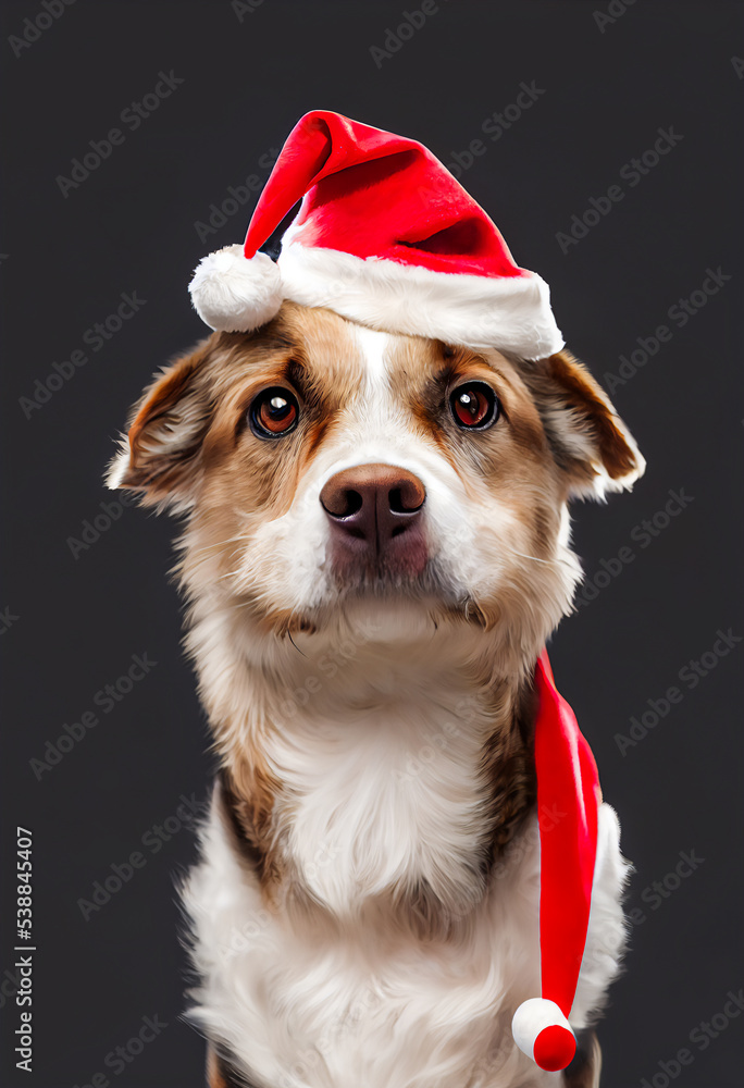 Christmas dog with a red hat, studio background and 3d illustration Christmas dog with a red hat, studio background and 3d illustration