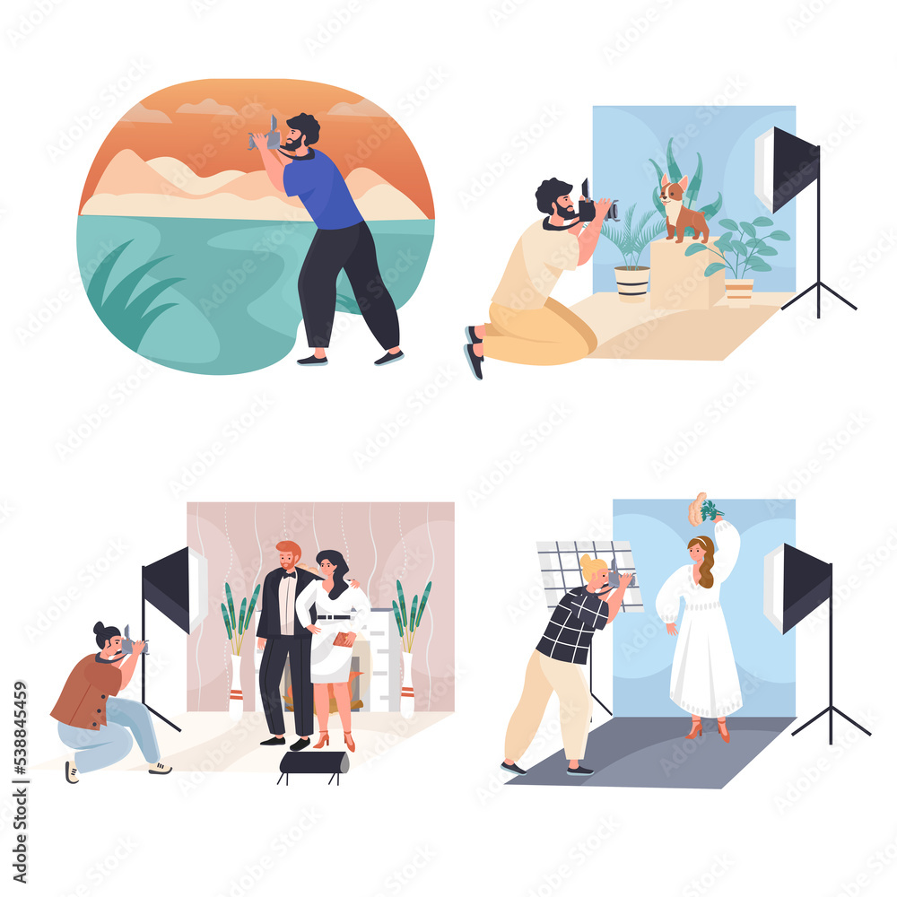 Fototapeta premium Men and women work as photographers concept scenes set. People take pictures of views, make photoshoot in studio. Collection of human activities. Illustration of characters in flat design