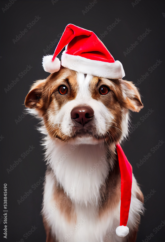 Santa's dog with a red hat, studio background and 3d illustration of Christmas