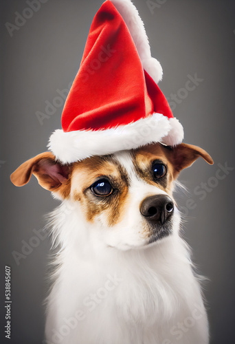 Santa s dog with a red hat  studio background and 3d illustration of Christmas