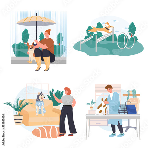 Different situations in life of pets concept scenes set. Owner takes photo, dog sits under umbrella, visit vet clinic. Collection of people activities. Illustration of characters in flat design