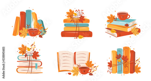 Books, cup coffee or tea with autumn leaves. Set of reading elements for  bookshop, library, bookstore or education. Vector illustration on white background