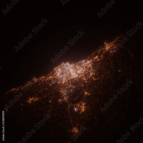 Casablanca (Morocco) street lights map. Satellite view on modern city at night. Imitation of aerial view on roads network. 3d render