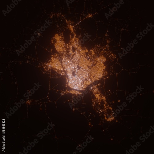 Yangon (Myanmar) street lights map. Satellite view on modern city at night. Imitation of aerial view on roads network. 3d render