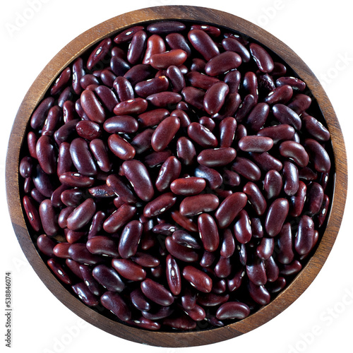 Red beans in a round wooden tray, flat lay.