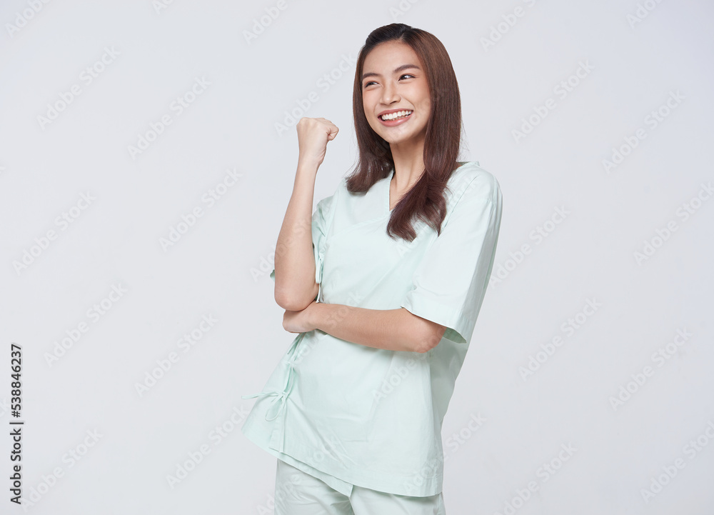 Happy asian woman patient isolated on white background. success life insurance and coverage concept. Happy asian woman patient isolated on white background. success life insurance and coverage concept.