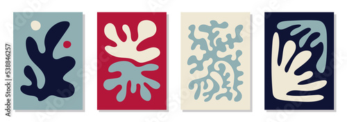 Set of 4 Matisse inspired, hygge colors wall art posters, brochure, flyer templates, contemporary collage. Organic line abstract pattern, hand drawn design, wallpaper. Dynamic shapes graphic vector