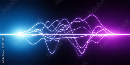 Bright glowing blue pink neon abstract wireframe sound waves, visualization of frequency signals audio wavelengths, conceptual futuristic technology waveform background with copy space for text