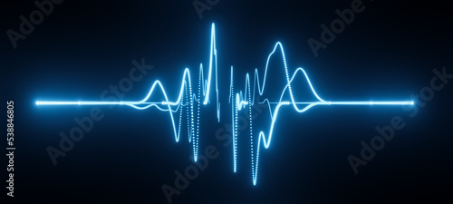 Bright glowing blue neon abstract wireframe sound waves, visualization of frequency signals audio wavelengths, conceptual futuristic technology waveform background with copy space for text