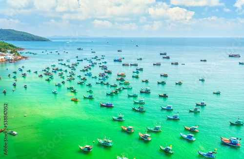 Aerial View from cable car Of Wooden Fishing Boat on sea An Thoi harbor in Phu Quoc Island, Vietnam.