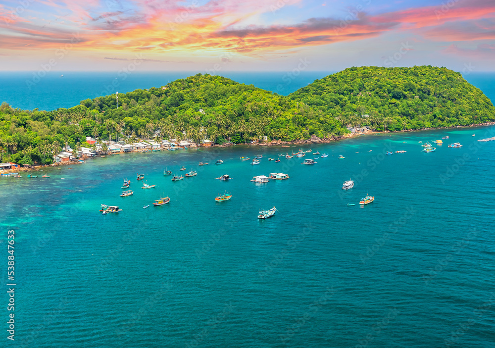 Obraz premium Aerial View Of Wooden Fishing Boat On Sea An Thoi Harbour In Phu Quoc Island, Vietnam.