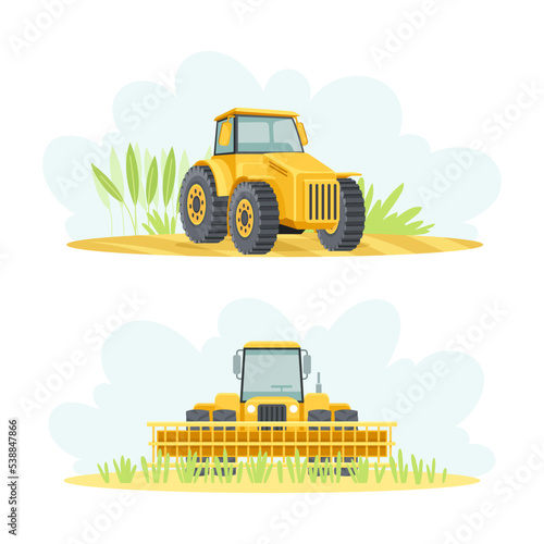 Agricultural Farming Machinery with Tractor and Combine Harvester Vector Set