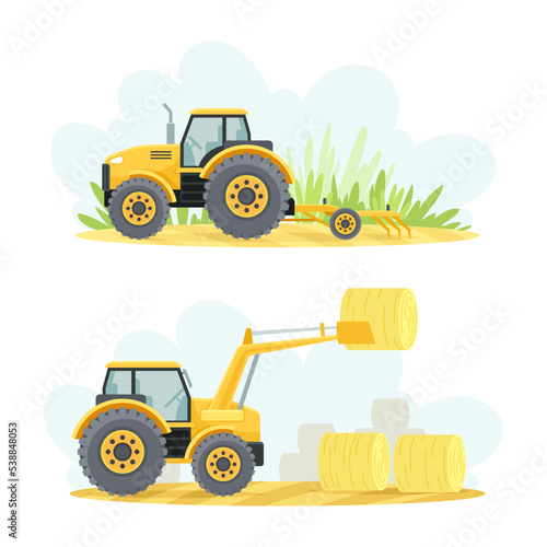 Agricultural Farming Machinery with Plow and Tractor Piling Hay Rolls Vector Set