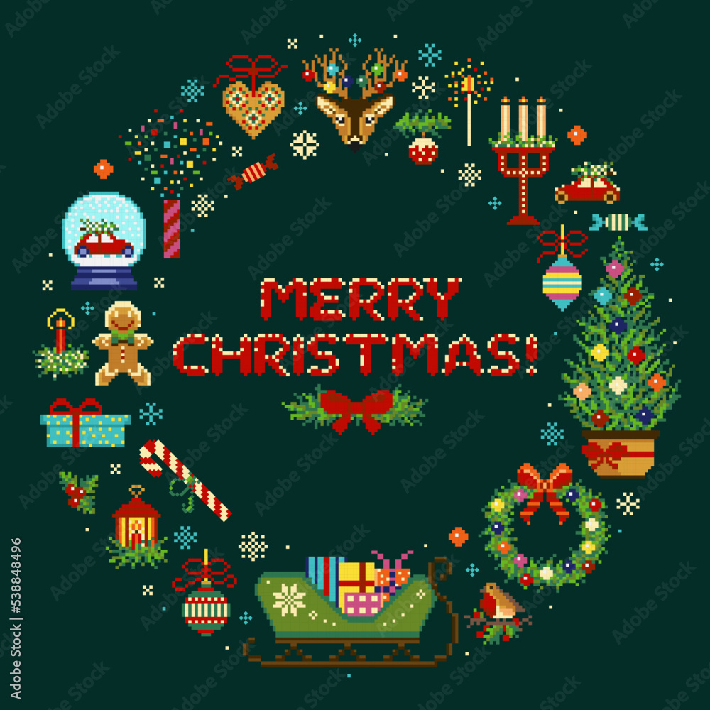 Pixel Art Merry Christmas Vintage Circle Print
