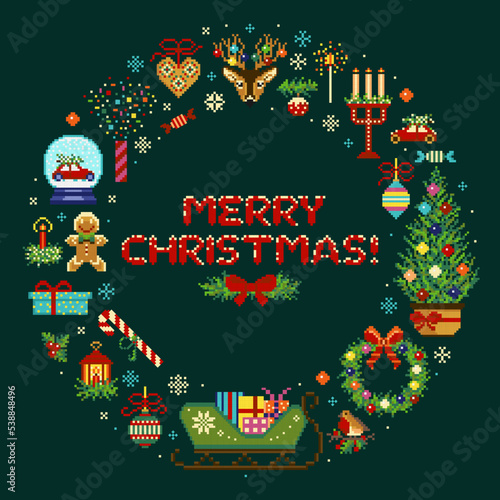 Obraz na płótnie Pixel Art Merry Christmas Vintage Circle Print w salonie