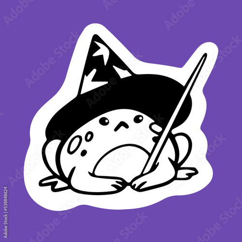 Cute Halloween frog in witch hat. Funny fairy-tale froggy magician with magic wand. Helloween fairytale character, October holiday sticker. Isolated outlined line-art flat vector illustration