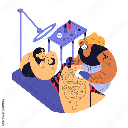 Ink artist putting, placing tattoo on clients leg, hip. Master tattooing with needle machine. Tattooist during work process in parlor. Flat graphic vector illustration isolated on white background