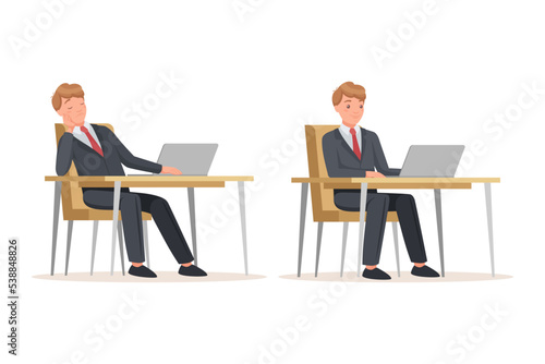 Office Man in Suit at Desk with Laptop Engaged in Workflow Vector Set
