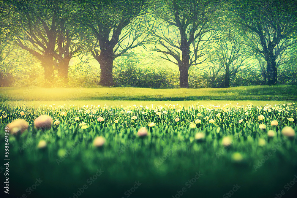 Beautiful spring forest background illustration, nature green grass field landscape wallpaper