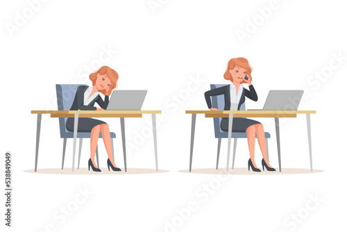 Office Woman in Suit at Desk with Laptop Engaged in Workflow Vector Set
