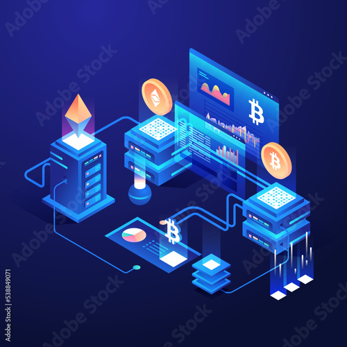 isometric vector ilustration Cryptocurrency and blockchain concept design. Farm for mining bitcoins. Digital money market, investment, and trading. Perfect for web design, banner and presentation