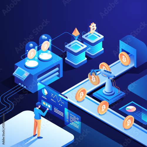 Detailed Futuristic Cryptocurrency Technology Exchange Isometric Vector Illustration. People and Robot Working on Mining Crypto with Analyst Chart. Perfect for Web design, Banner, and Presentation.