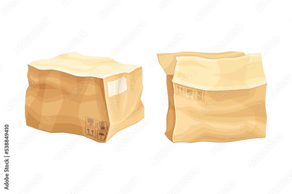 Crumpled Cardboard Box with Corrugated Sides as Packaging and Shipping Container Vector Set