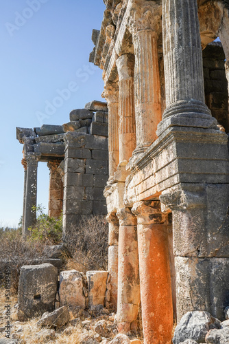 both 2nd second one demircili imbrigon cilicia mausoleum left column shot, roman empire, ion korihth, silifke mersin turkey photo