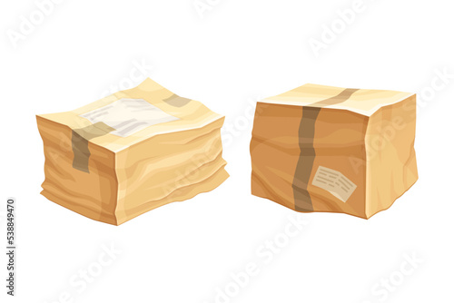 Crumpled Cardboard Box with Corrugated Sides as Packaging and Shipping Container Vector Set