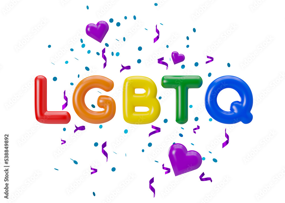 Rainbow LGBTQ letters on transparent background. LGBT community, include lesbians, gays, bisexuals and transgender people. Alternative love. Diversity, homosexuality, equal marriage. 3D rendering.