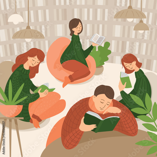 Book club meeting, at library. Reading Literature