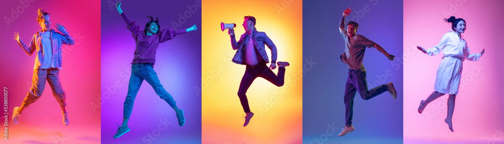 Set of images of young diverse emotional men and women in motion isolated on multicolored background in neon light. Music, dance, youth, energy